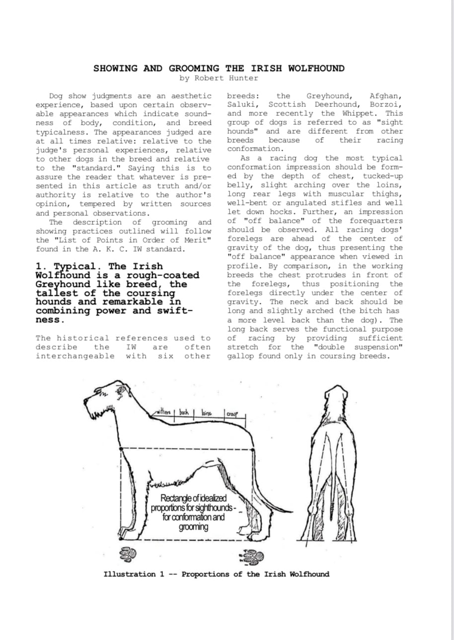Photo of old text about grooming of Irish Wolfhounds interspersed with line art illustrations